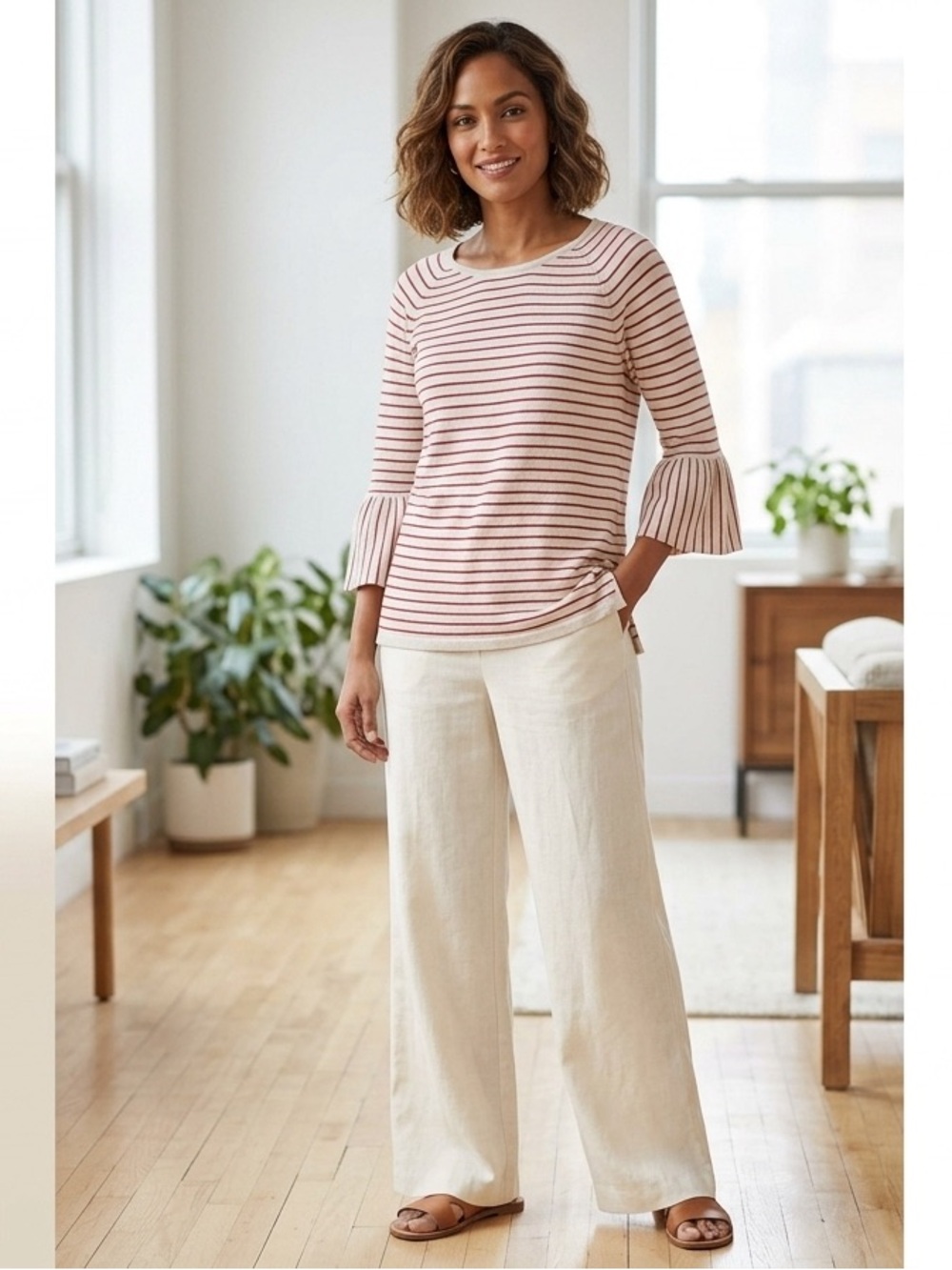 J. JILL beige Red Striped Bell Sleeves Top Size M Women Linen Blend R23